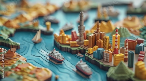 A miniature model of a city with boats in the water.