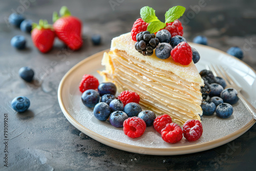 A slice of crepe cake topped with a colorful assortment of fresh berries and dusted with powdered sugar on a beige plate, presented on a dark, textured background.