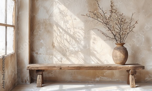 Rustic wooden bench and clay vase with branch near beige grunge stucco wall with copy space. Japandi, wabi-sabi home interior design of living room