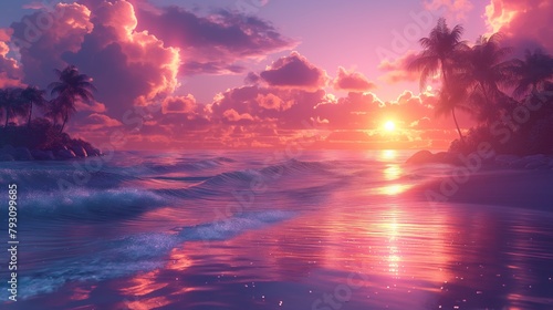 Beautiful colorful landscape on the sea beach with sunset in pink shades