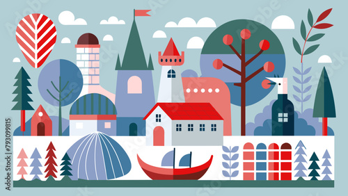 Colorful Abstract Geometric Landscape with Buildings and Nature