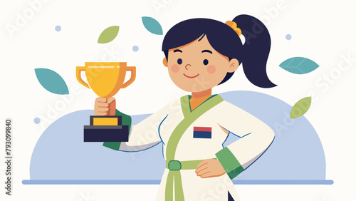 A young girl proudly displays her trophy from a regional martial arts competition representing the dedication and perseverance embedded in her