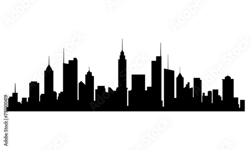 Black cities silhouette. Horizontal skyline in flat style isolated on white. Cityscape with windows, urban panorama of night town.