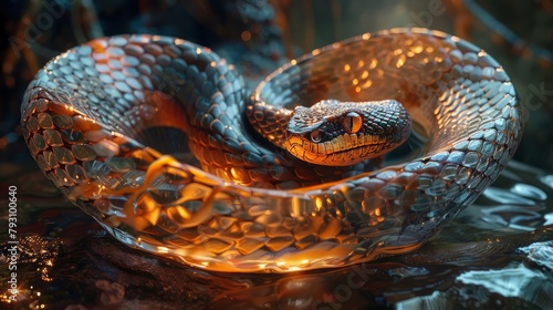 A realistic painting of a coiled snake made of metal with glowing orange eyes and a shiny body.