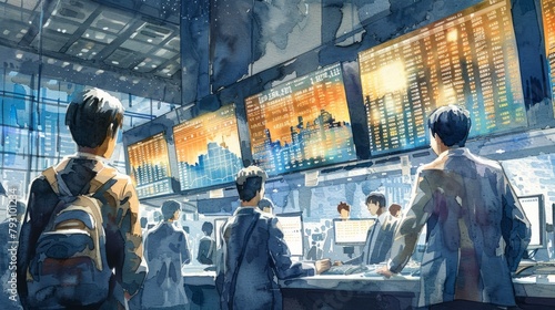 A watercolor painting of a busy trading floor with stockbrokers and traders working at their desks and looking at the large screens showing stock prices.