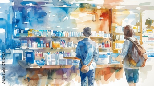 A watercolor painting of two people in a drug store looking at the shelves.