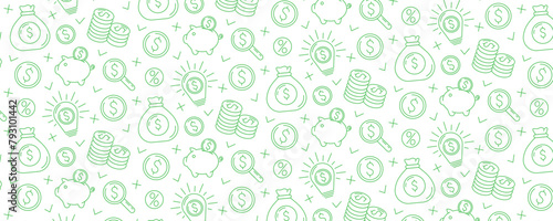 Business and finance seamless pattern with flat vector green line icons of piggy bank, stack of coins, dollar sign, magnifying glass, money bag, light bulb with money idea. For cover, wrapping paper