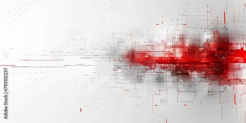 Complex red and white digital abstract composition with geometric and pixelated patterns