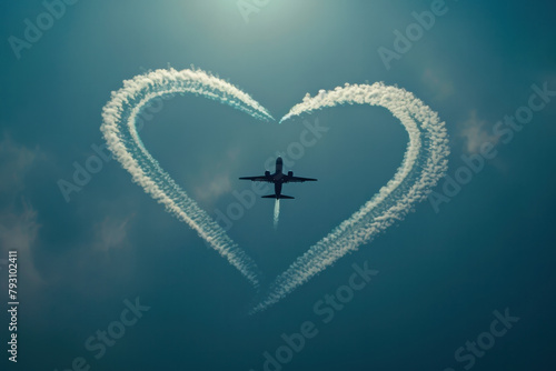 Plane Flying in Sky With Heart Shaped Smoke Trail