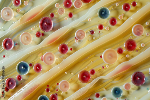 A detailed view of a streaked agar plate with distinct bacterial colonies, each with unique morphologies and colors, set against the backdrop of a clean laboratory bench. photo