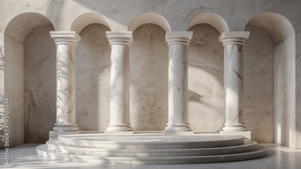 An empty marble podium in front of five arched openings.