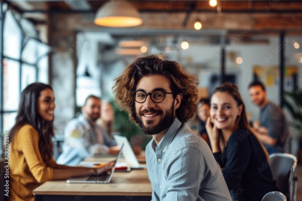 Portrait of a smiling young businessman with his colleagues in the background Portrait of a smiling young businessman with his colleagues in the background