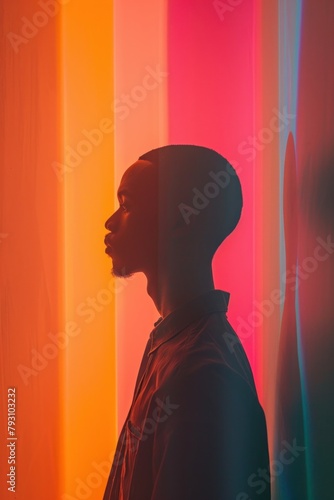 A man standing in front of a colorful background. The light is shining through his hair and creating a rainbow effect.