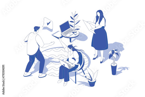 Best feedback 3d isometric concept in isometry graphic design for web. People scene with clients leaving user experience satisfaction with review comments and rating online. Vector illustration.