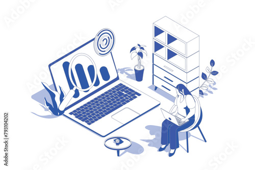 SEO optimization 3d isometric concept in isometry graphic design for web. People scene with woman working with search engine settings and researching traffic analytics charts. Vector illustration.