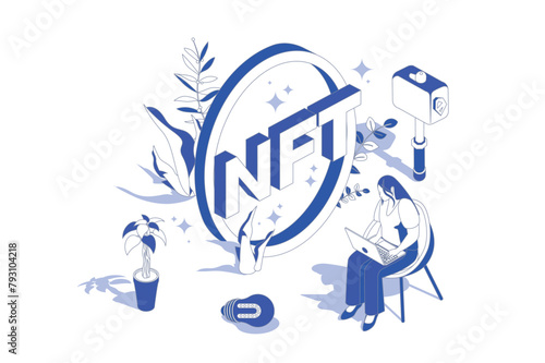 NFT token 3d isometric concept in isometry graphic design for web. People scene with woman trading digital arts with non-fungible tokens at cryptocurrency marketplace online. Vector illustration.