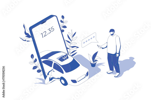Taxi booking 3d isometric concept in isometry graphic design for web. People scene with man ordering taxi car sing mobile app, using best rating driver and leaving client comment. Vector illustration.