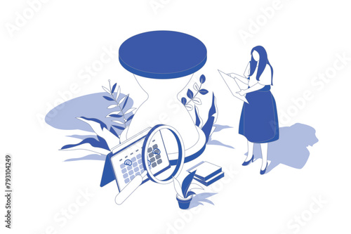 Time management 3d isometric concept in isometry graphic design for web. People scene with woman planning tasks with deadline, improving efficiency and workflow productivity. Vector illustration.