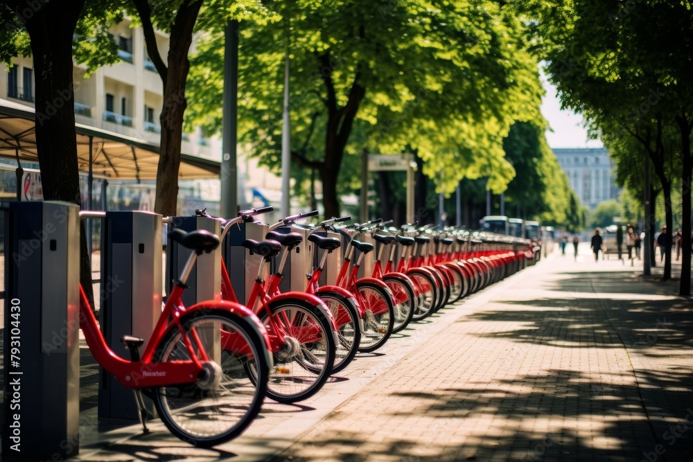 A Bustling Public Bicycle Rental Station in the Heart of the City, Encouraging Sustainable Urban Mobility and Healthy Lifestyles