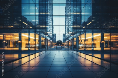 Modern Tinted Glass Office Building with a Recessed Entrance Reflecting the Bustling City Life photo