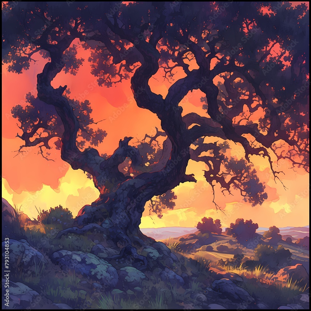 Majestic Sunset Illuminates Silhouetted Tree and Fields in a Serenely Captivating Landscape