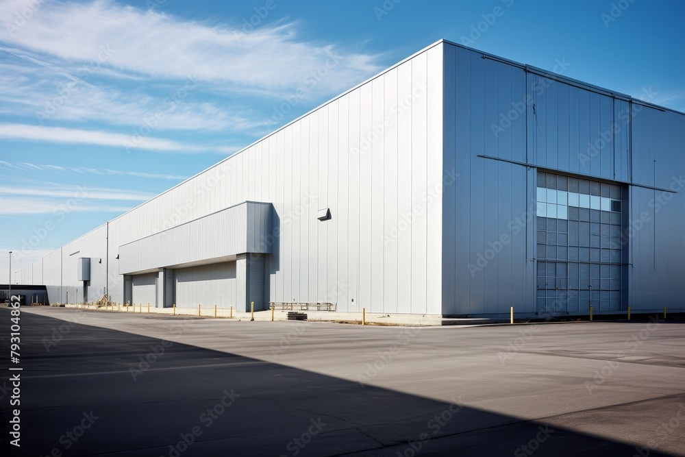 A Massive Industrial Warehouse with Large, Steel Front-Loading Doors Under a Clear Blue Sky A Massive Industrial Warehouse with Large, Steel Front-Loading Doors Under a Clear Blue Sky