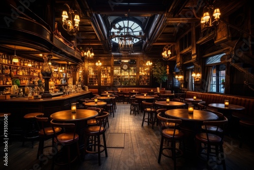 A Cozy Local Pub with Aged Wood and Brick Interior, Illuminated by Warm Lighting, Inviting Patrons for a Relaxing Evening