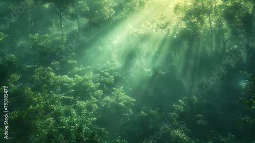 A lush  emerald forest shrouded in the gentle embrace of morning fog  with sunbeams piercing through the canopy like spears of light