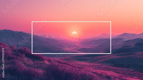A dreamy sunset over rolling hills, hues of orange and pink painting the sky, with a white blank mockup frame set against a gradient background transitioning from peach to lavender