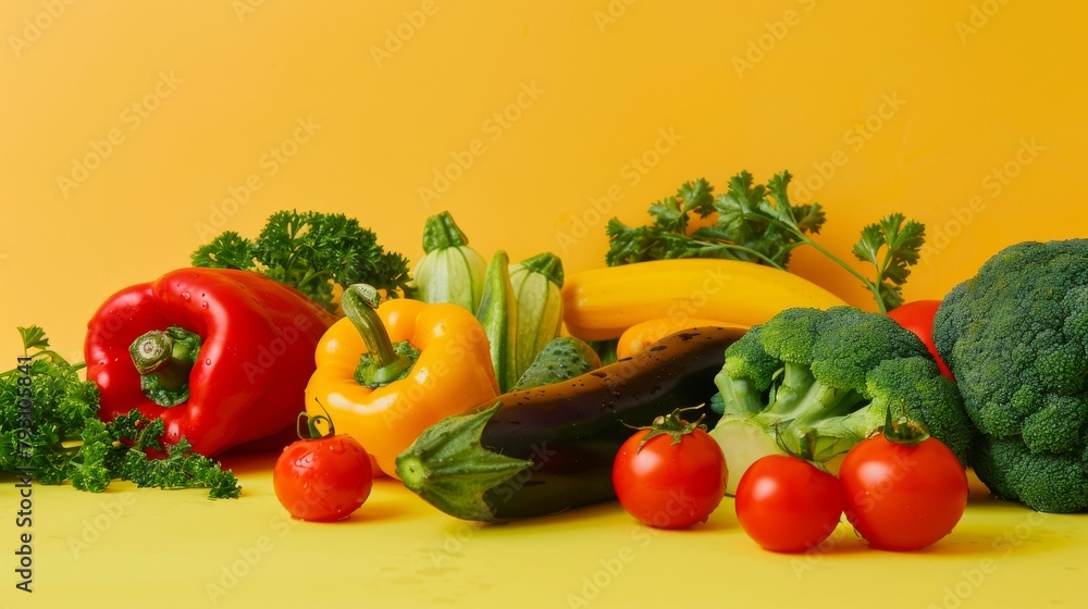 Fresh vegetables on yellow background. Healthy food concept. Copy space Fresh vegetables on yellow background. Healthy food concept. Copy space