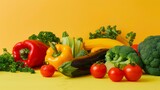 Fresh vegetables on yellow background. Healthy food concept. Copy space