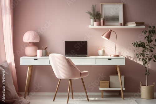 A Dusty Rose Office Space with Soft Touches of Pastel Colors, Featuring a Vintage Desk, Plush Chair, and Delicate Decorative Elements © aicandy