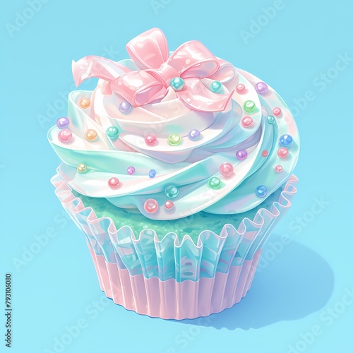Deliciously Decorative Cupcake in Pastel Pink and Blue with Rainbow Swirls and Edible Bow toppings - Ideal for Celebration or Social Media Posting photo