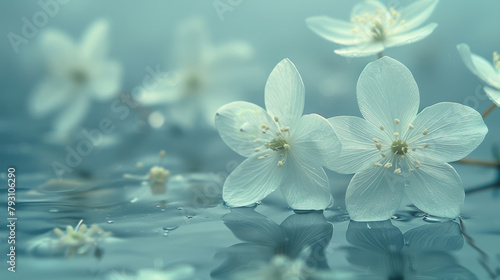  A collection of white blossoms hovering above a water surface, adorned with droplets on their undersides