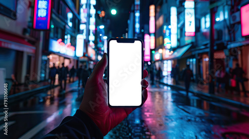 Close up photo of hand, holding smartphone with white mockup screen at night neon city street