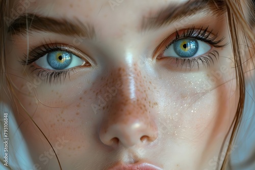 Close-Up of Womans Face With Blue Eyes. Generative AI