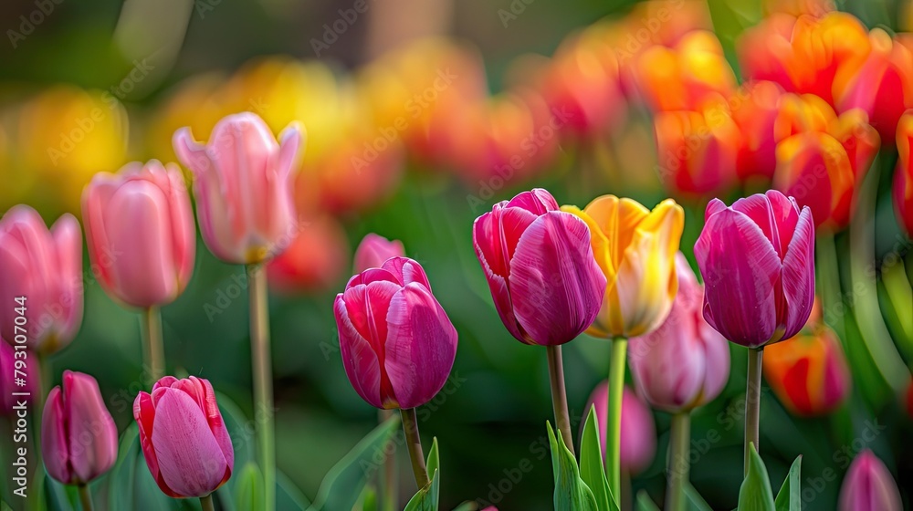 Vibrant tulips are blooming beautifully in the spring season Vibrant tulips are blooming beautifully in the spring season