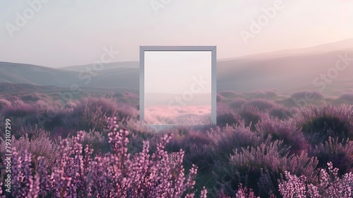 A misty moorland scene, with heather in bloom and distant hills fading into the haze, framing a white blank mockup frame against a backdrop of muted lavender photo