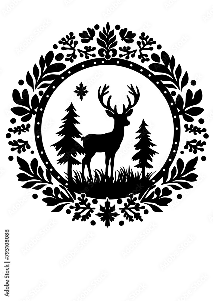 Fototapeta premium Deer in a frame of leaves, outline. Black vector illustration