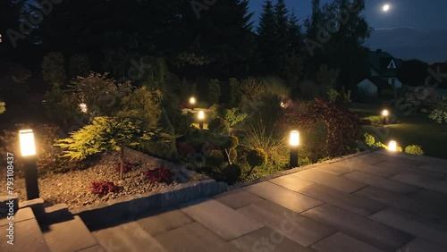 Beautiful Backyard Garden Illuminated with Lamps in the Evening