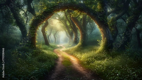 A mysterious woodland path, dappled with the drowsy glow of twilight, leading into the heart of an ancient forest.