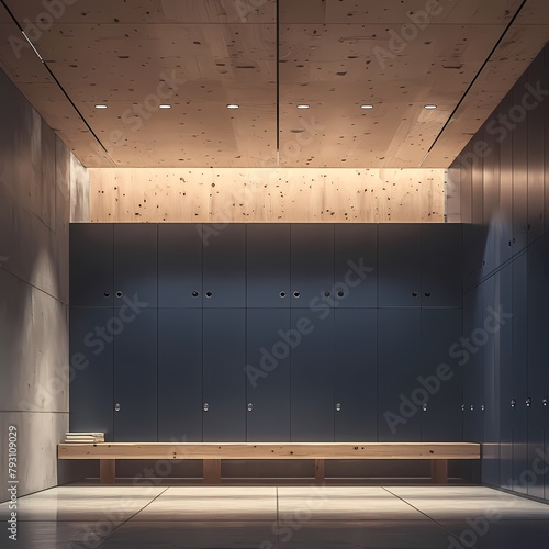 Sleek, Contemporary Locker Room Interior with Polished Floors and Wood Panels photo