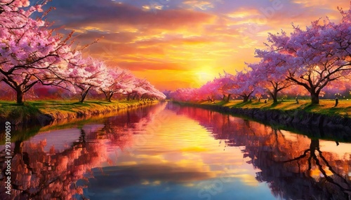 季節は春、ただの夕日、ただの水面、ただの桜、それがただ美しくて心打たれる photo