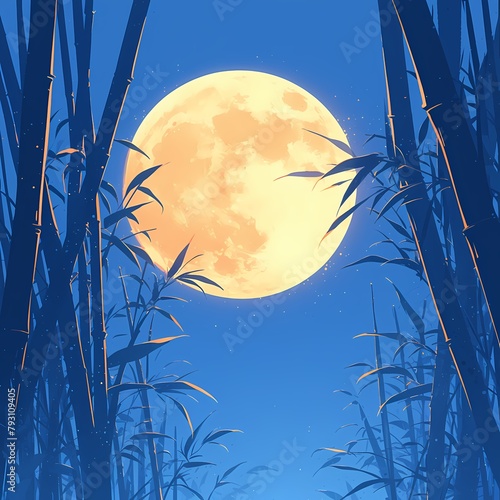 Tranquil Japanese Zen-Inspired Artwork: A Full Moon Rising Over a Serene Bamboo Grove photo