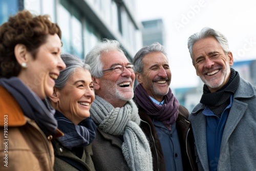 Portrait of senior people standing in front of office building and laughing