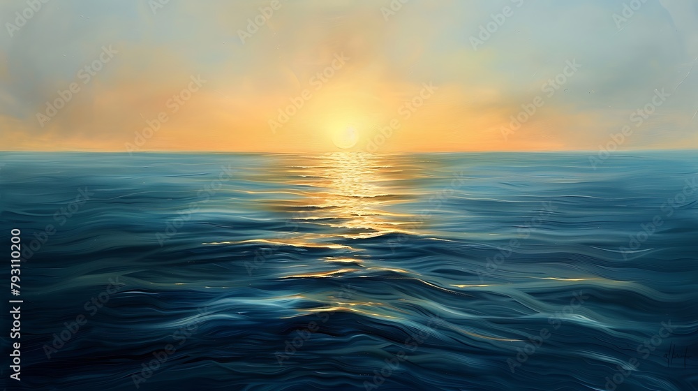 A serene seascape at dawn, where the azure waters meet the golden horizon, kissed by the first light of day
