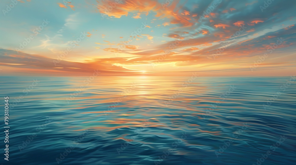 A serene seascape at dawn, where the azure waters meet the golden horizon, kissed by the first light of day
