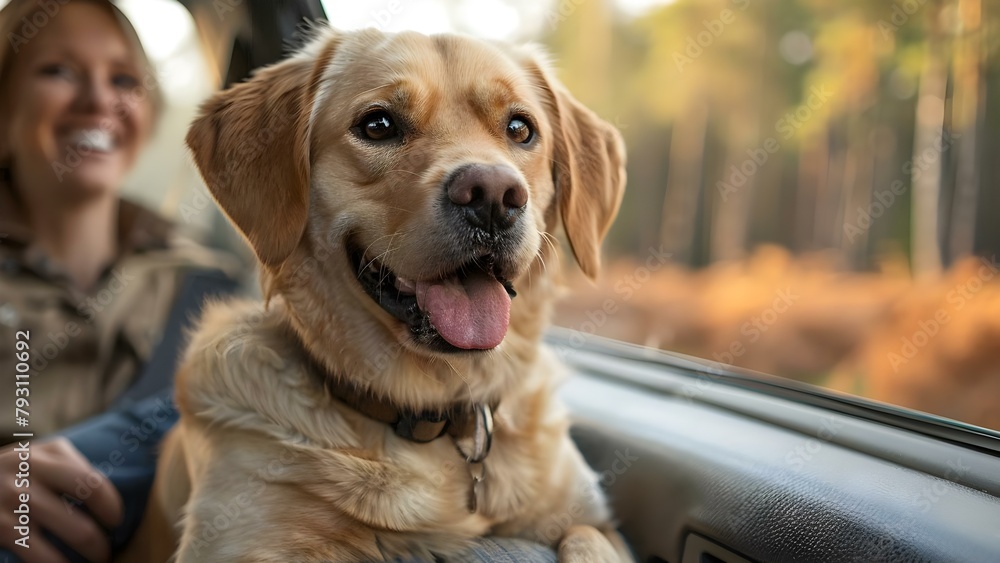 A dog joyfully enjoying a road trip in a car with its owners. Concept Pets, Travel, Joy, Road Trip, Lifestyle