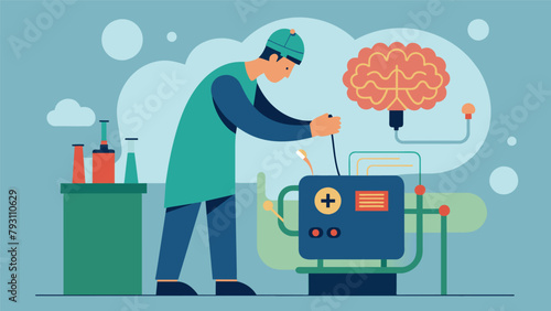 Carefully following the manufacturers instructions the technician replaces the power source of the brain implant ensuring it will continue to function.