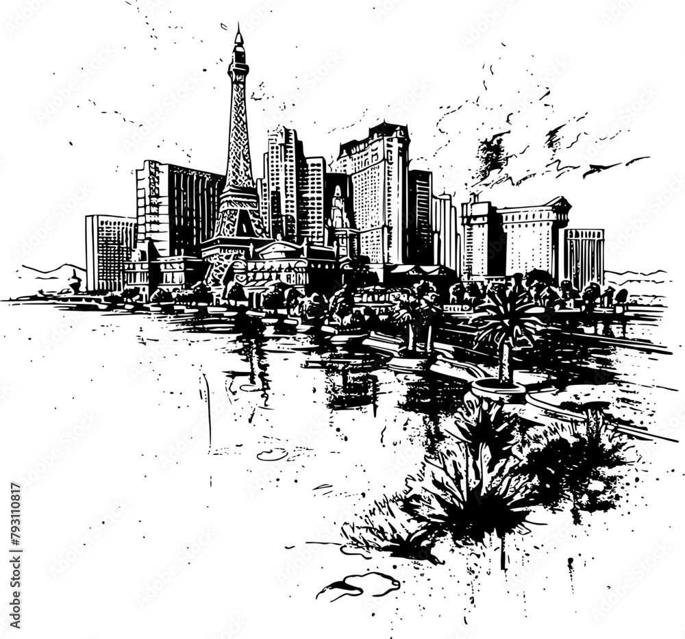 Obraz premium Las Vegas Skyline in Black and White, Monochrome City Skyline Illustration